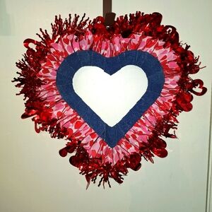 Valentine's day Red, pink and blue jean material handmade wreath.